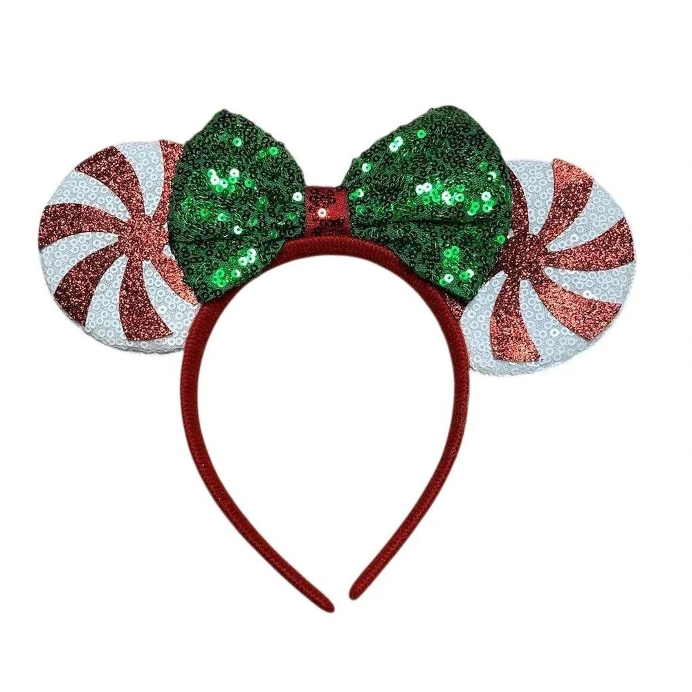 Disney Christmas Peppermint Candy Mouse Ear Headband‎ with Sequin Bow